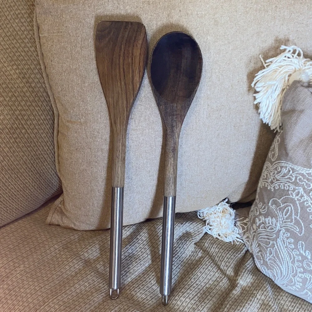 🤎EUC Wooden Spoon and Spatula Set with Stainless Handles - Brown